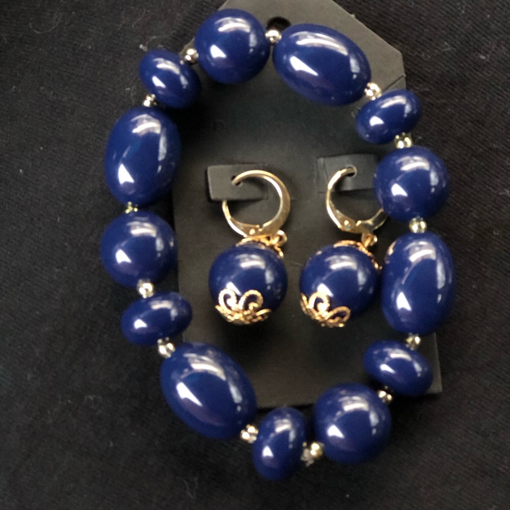 New Hand made Navy Blue Beaded Earrings Bracelet Jewelry Set